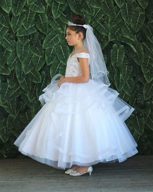 Girls Long Off Shoulder Dress with Glitter Skirt by Calla KY223