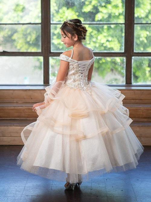 Girls Long Off Shoulder Dress with Glitter Skirt by Calla KY223