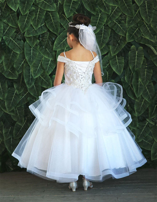 Girls Long Off Shoulder Dress with Glitter Skirt by Calla KY223