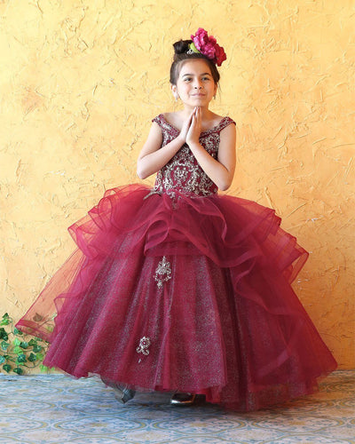 Girls Long Off Shoulder Dress with Glitter Skirt by Calla KY223