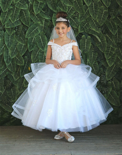 Girls Long Off Shoulder Dress with Glitter Skirt by Calla KY223