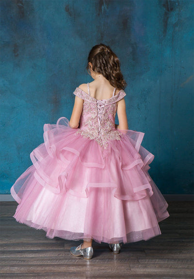 Girls Long Off Shoulder Dress with Glitter Skirt by Calla KY223