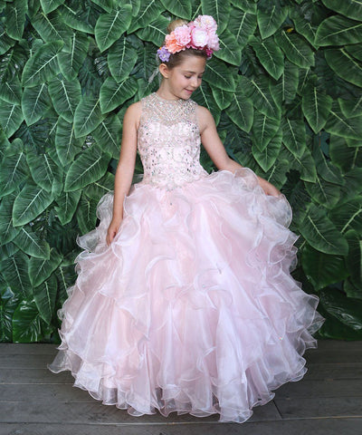 Girls Long Ruffled Dress with Beaded Bodice by Calla KY213