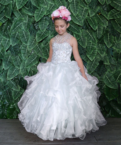 Girls Long Ruffled Dress with Beaded Bodice by Calla KY213