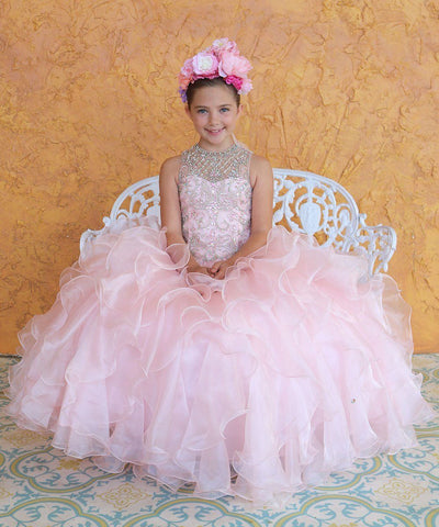 Girls Long Ruffled Dress with Beaded Bodice by Calla KY213
