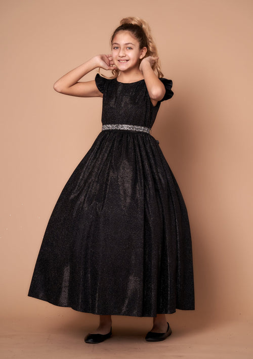 Girls Metallic Glitter Short Sleeve Gown by Calla D828
