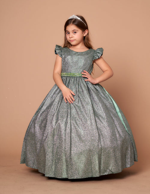 Girls Metallic Glitter Short Sleeve Gown by Calla D828