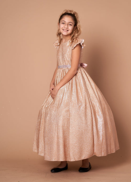 Girls Metallic Glitter Short Sleeve Gown by Calla D828