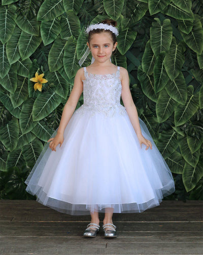 Calla D778 Girls Sleeveless Tulle Dress with Leaf Lace Appliques