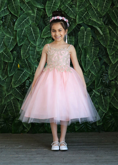 Calla D778 Girls Sleeveless Tulle Dress with Leaf Lace Appliques