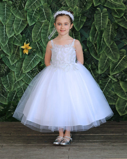 Calla D778 Girls Sleeveless Tulle Dress with Leaf Lace Appliques