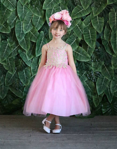 Calla D778 Girls Sleeveless Tulle Dress with Leaf Lace Appliques