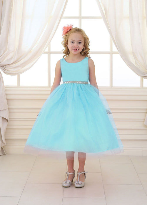 Girls Tea Length Tulle Dress with Beaded Waistline-Girls Formal Dresses-ABC Fashion