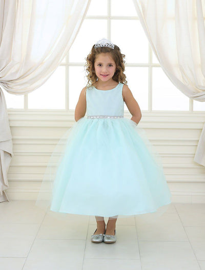 Girls Tea Length Tulle Dress with Beaded Waistline-Girls Formal Dresses-ABC Fashion