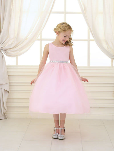 Girls Tea Length Tulle Dress with Beaded Waistline-Girls Formal Dresses-ABC Fashion