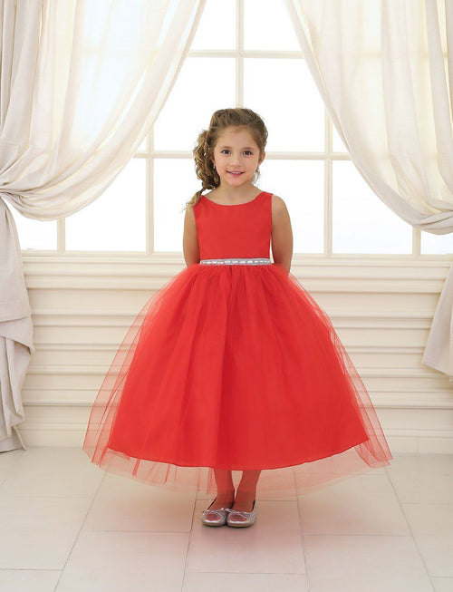 Girls Tea Length Tulle Dress with Beaded Waistline-Girls Formal Dresses-ABC Fashion