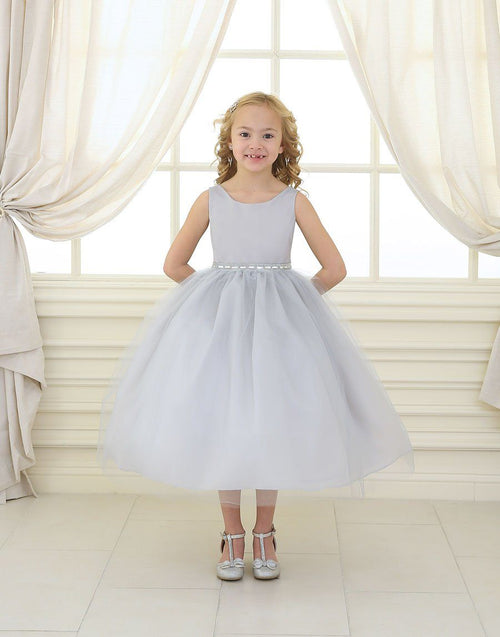 Girls Tea Length Tulle Dress with Beaded Waistline-Girls Formal Dresses-ABC Fashion