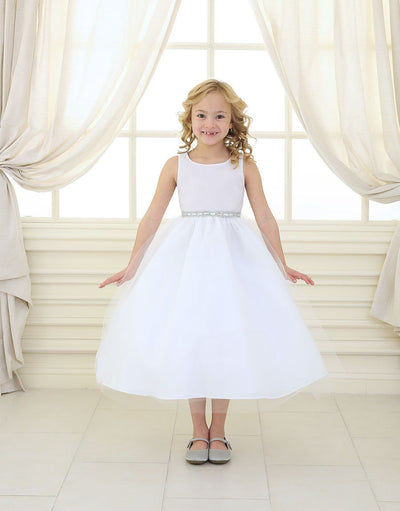 Girls Tea Length Tulle Dress with Beaded Waistline-Girls Formal Dresses-ABC Fashion