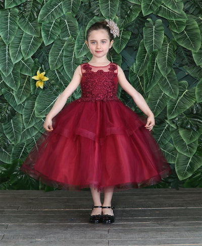 Girls Tea Length Tulle Dress with Embroidered Bodice by Calla D792-Girls Formal Dresses-ABC Fashion