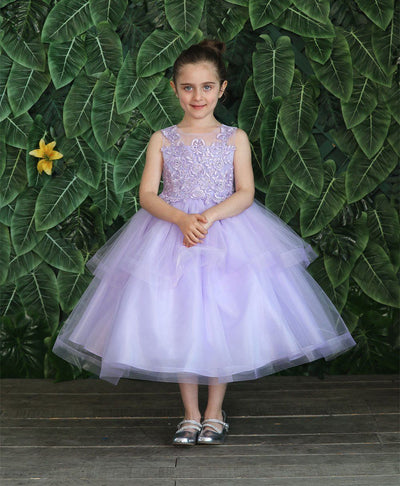 Girls Tea Length Tulle Dress with Embroidered Bodice by Calla D792-Girls Formal Dresses-ABC Fashion