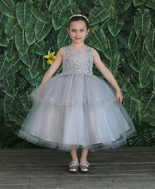 Girls Tea Length Tulle Dress with Embroidered Bodice by Calla D792-Girls Formal Dresses-ABC Fashion