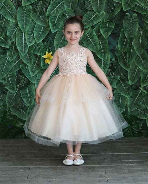 Girls Tea Length Tulle Dress with Embroidered Bodice by Calla D792