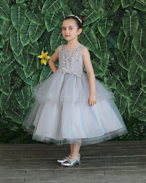 Girls Tea Length Tulle Dress with Embroidered Bodice by Calla D792