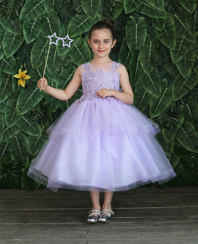 Girls Tea Length Tulle Dress with Embroidered Bodice by Calla D792
