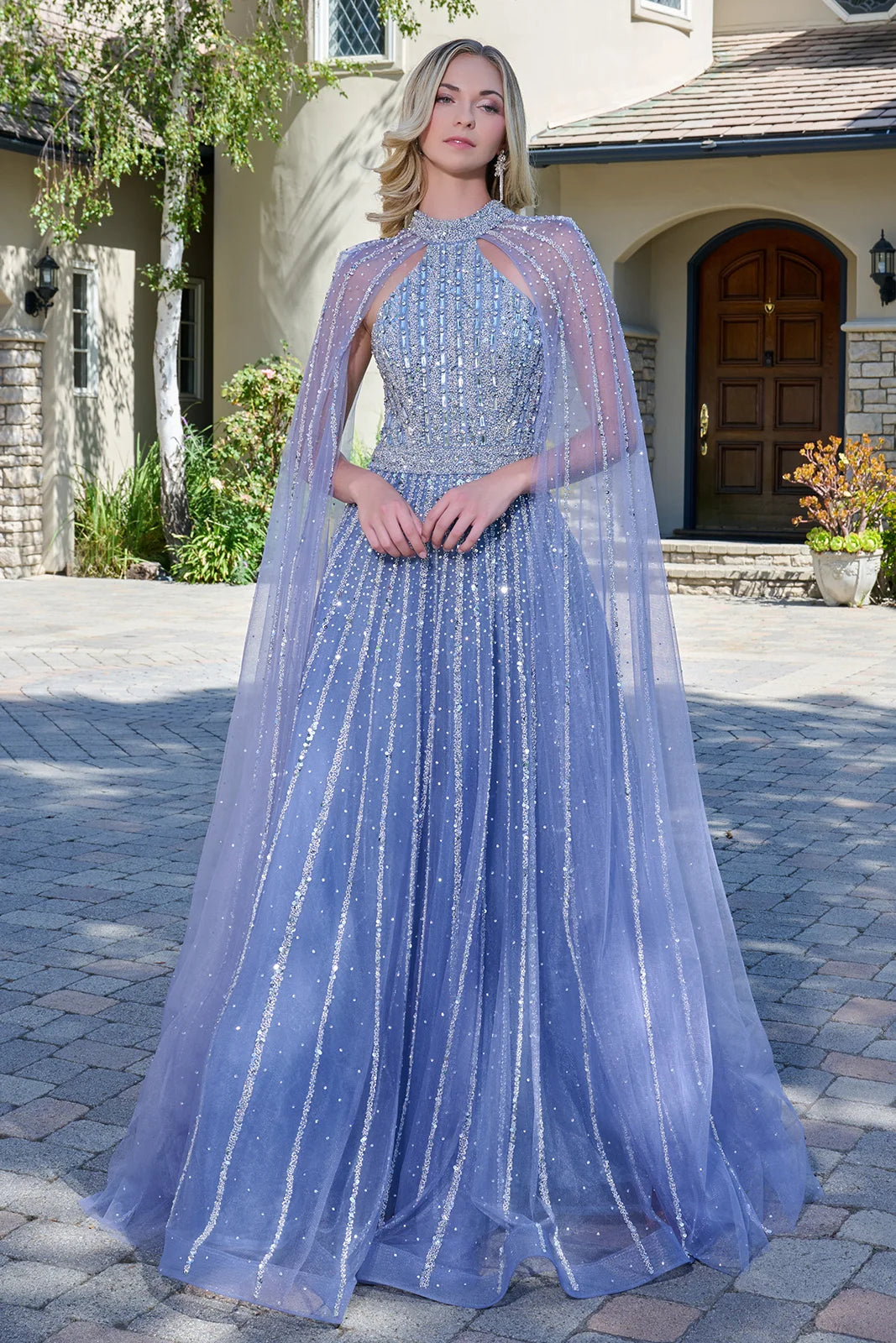 Dusty Blue Beaded A-Line Prom Dress Halter Cape Sleeve Floor-Length Gown by Elizabeth K GL3669