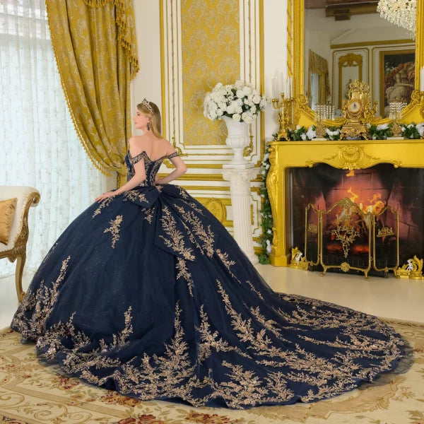 Elizabeth K NAVY/GOLD Satin, Glitter Mesh Ball Gown Quinceanera Dresses