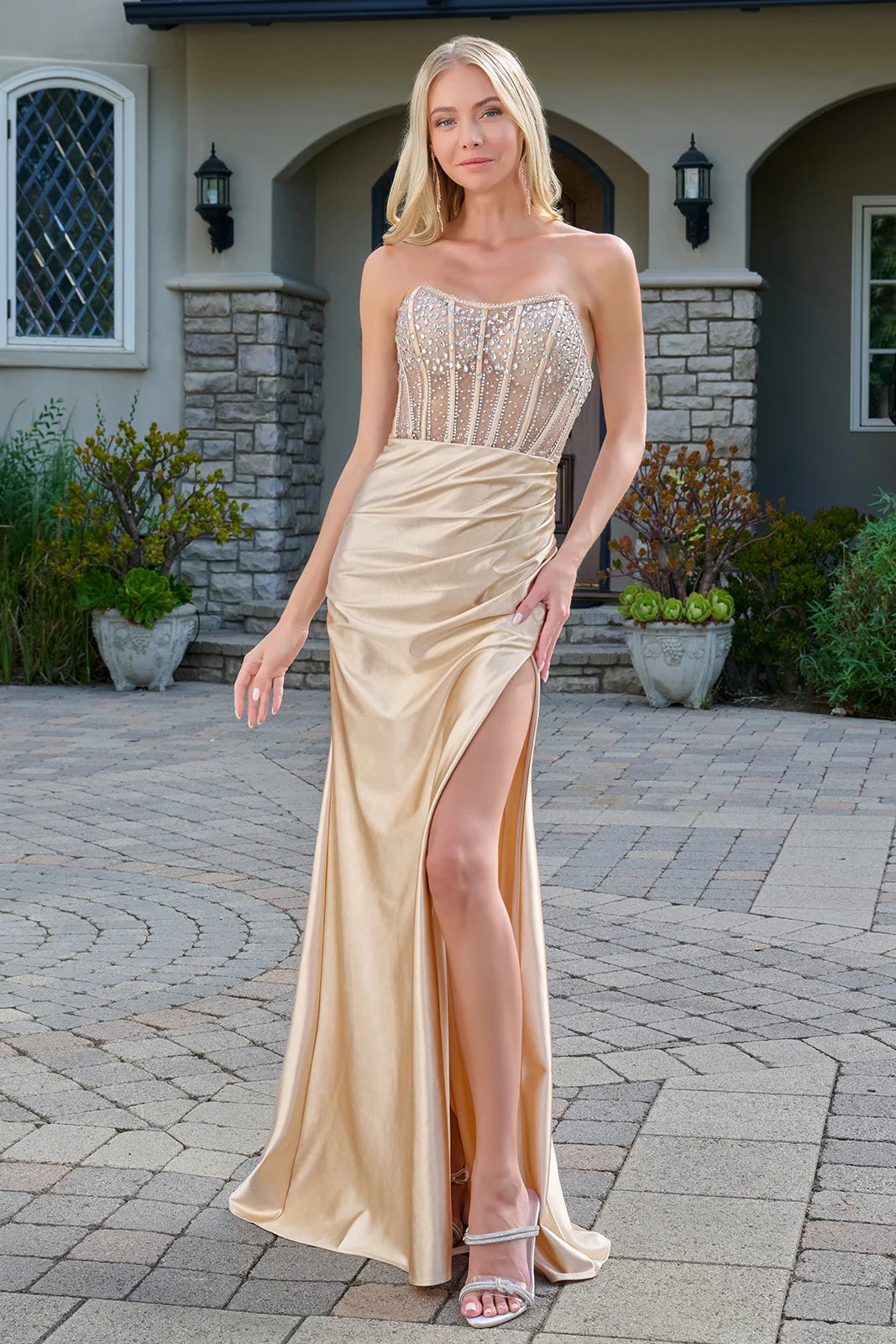 Strapless Corset Prom Dress with Sheer Bodice Satin Ruched Long Formal Gown by Elizabeth K GL3679