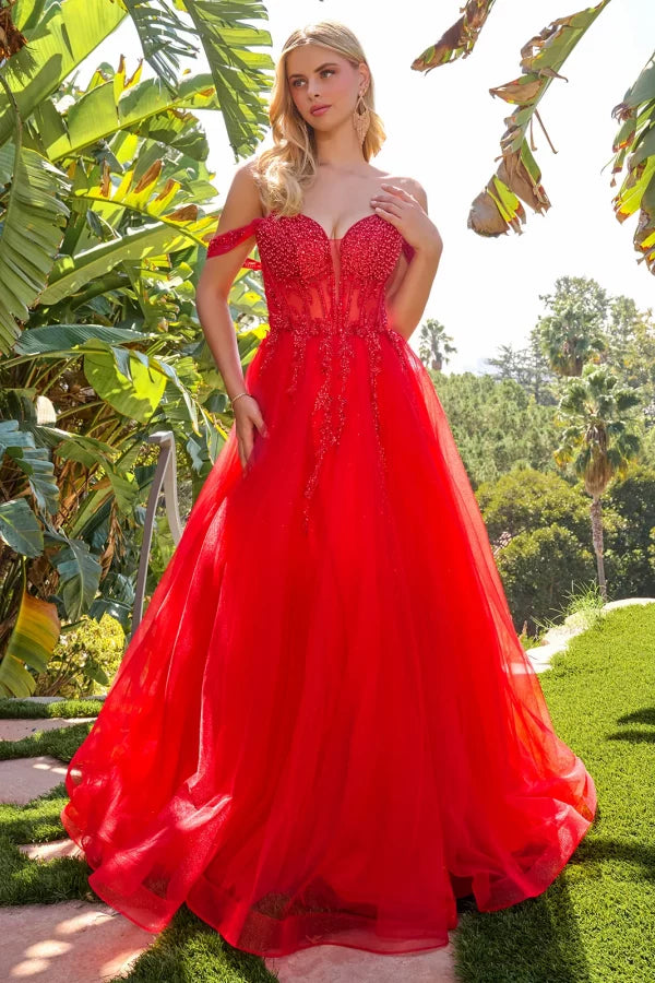 Off-Shoulder Beaded Corset Bodice Glitter A-Line Formal Gown with Leg Slit by Elizabeth K GL3682