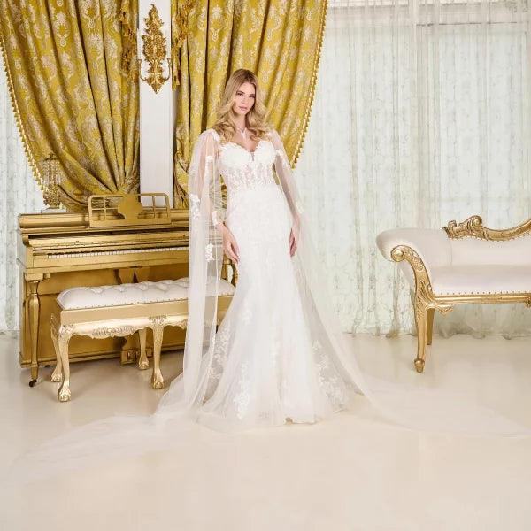 Off-White Floral Lace Trumpet Wedding Dress with V-Neck Sheer Tulle Cape and Lace-Up Back by Gloria GL3829