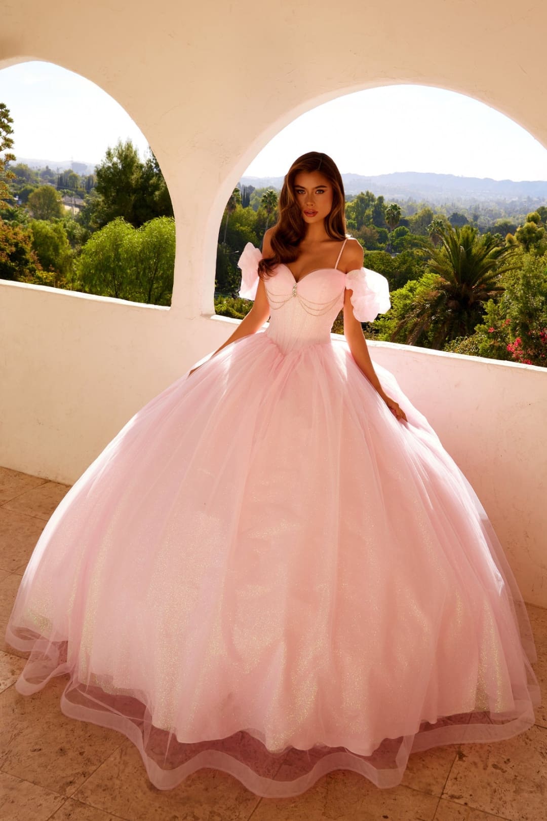 Glitter Tulle Off Shoulder Ball Gown by Juliet JT1487H - Baby Pink / 2 - Quinceanera Dresses