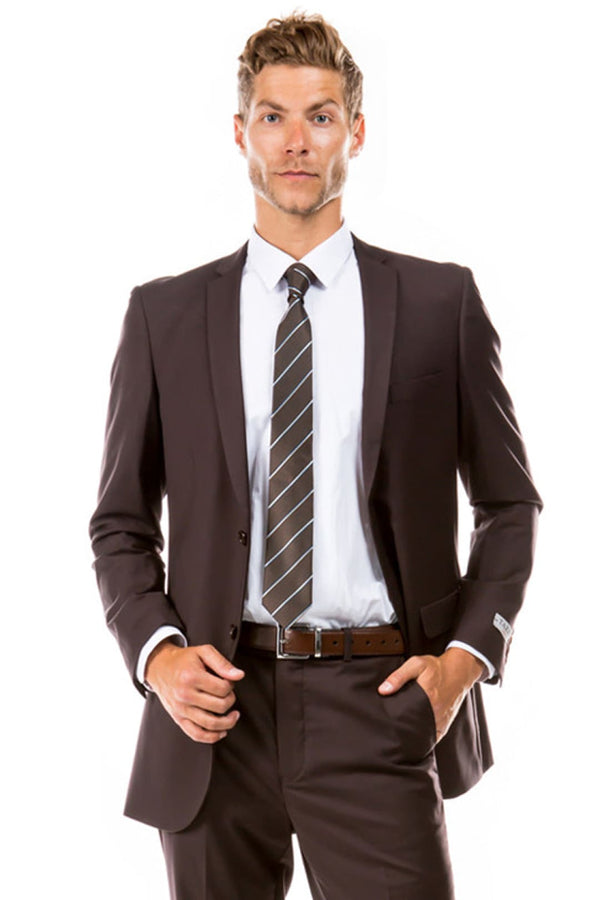 Groomsmen - Men’s Basic 2 Button Slim Fit Wedding Suit in Brown - Brown / 34 Short - Suit