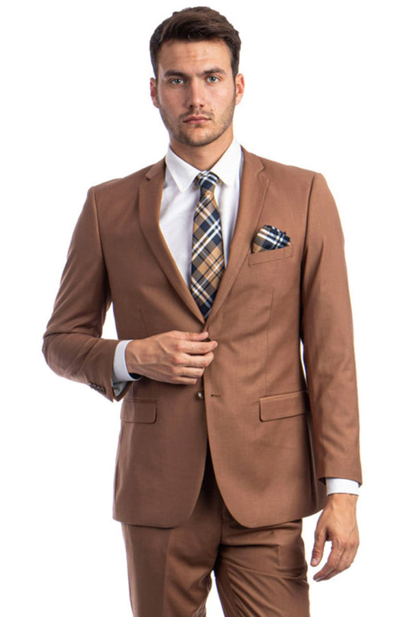 Groomsmen - Men’s Basic 2 Button Slim Fit Wedding Suit in Cognac - Caramel / 34 Short - Suit
