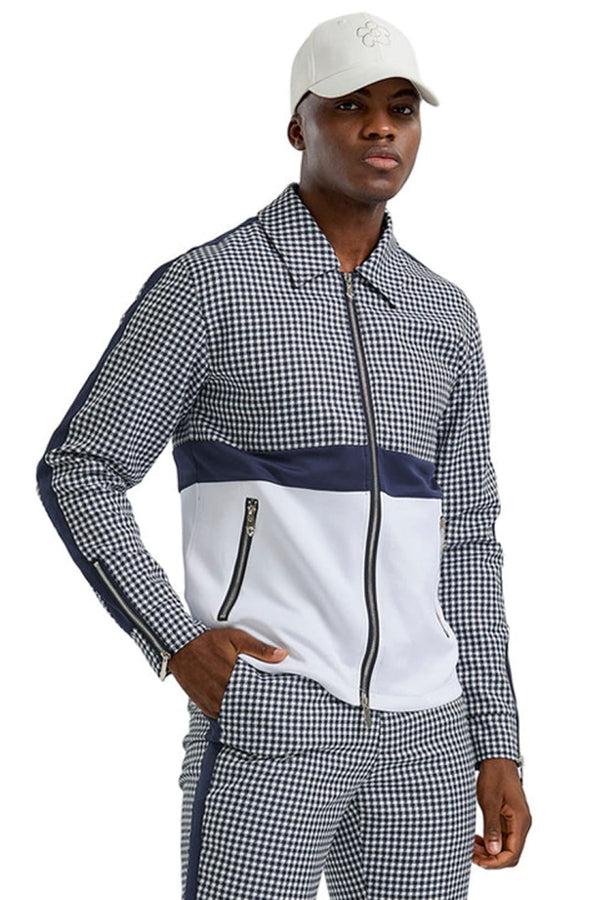 Groomsmen - Men’s Casual Walking Suit Jacket & Pant Set in Navy Blue Houndstooth - Navy / X-Small - Suit