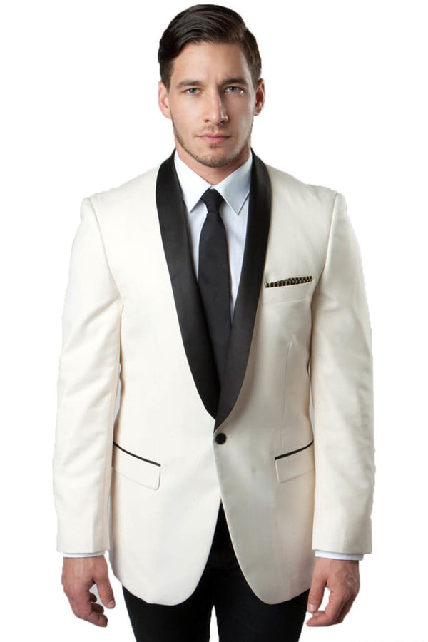 Groomsmen - Men’s One Button Shawl Lapel Dinner Jacket in Ivory & Black - Ivory/Black / 34 Short - Blazer