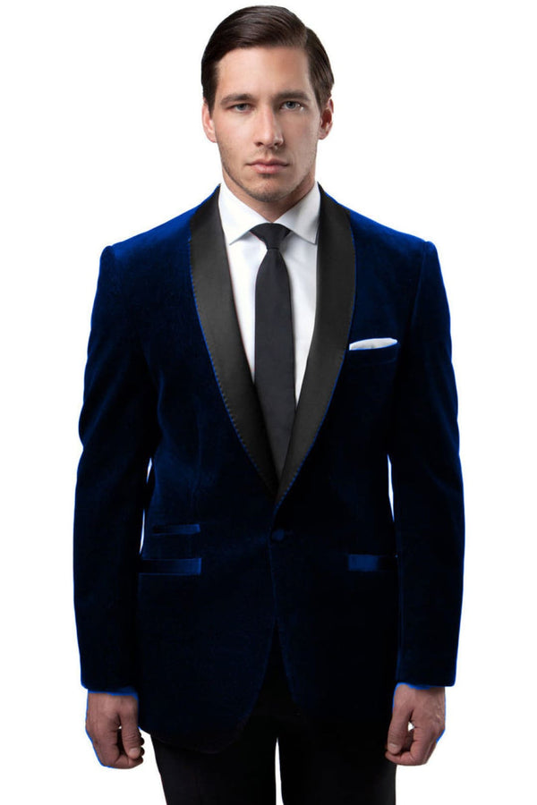 Groomsmen - Men’s One Button Velvet Shawl Collar Tuxedo Jacket in Navy Blue - Blue / 34 Short - Blazer