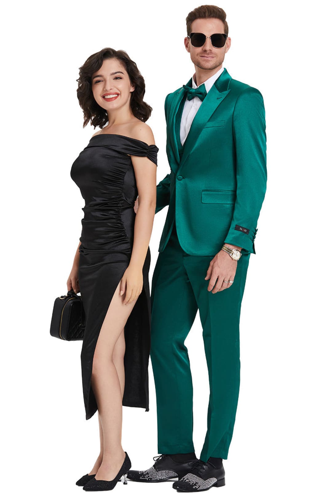 Groomsmen - Men’s One Button Vested Shiny Satin Sharkskin Prom & Wedding Party Suit in Emerald Green - Green / 36 Short - Suit