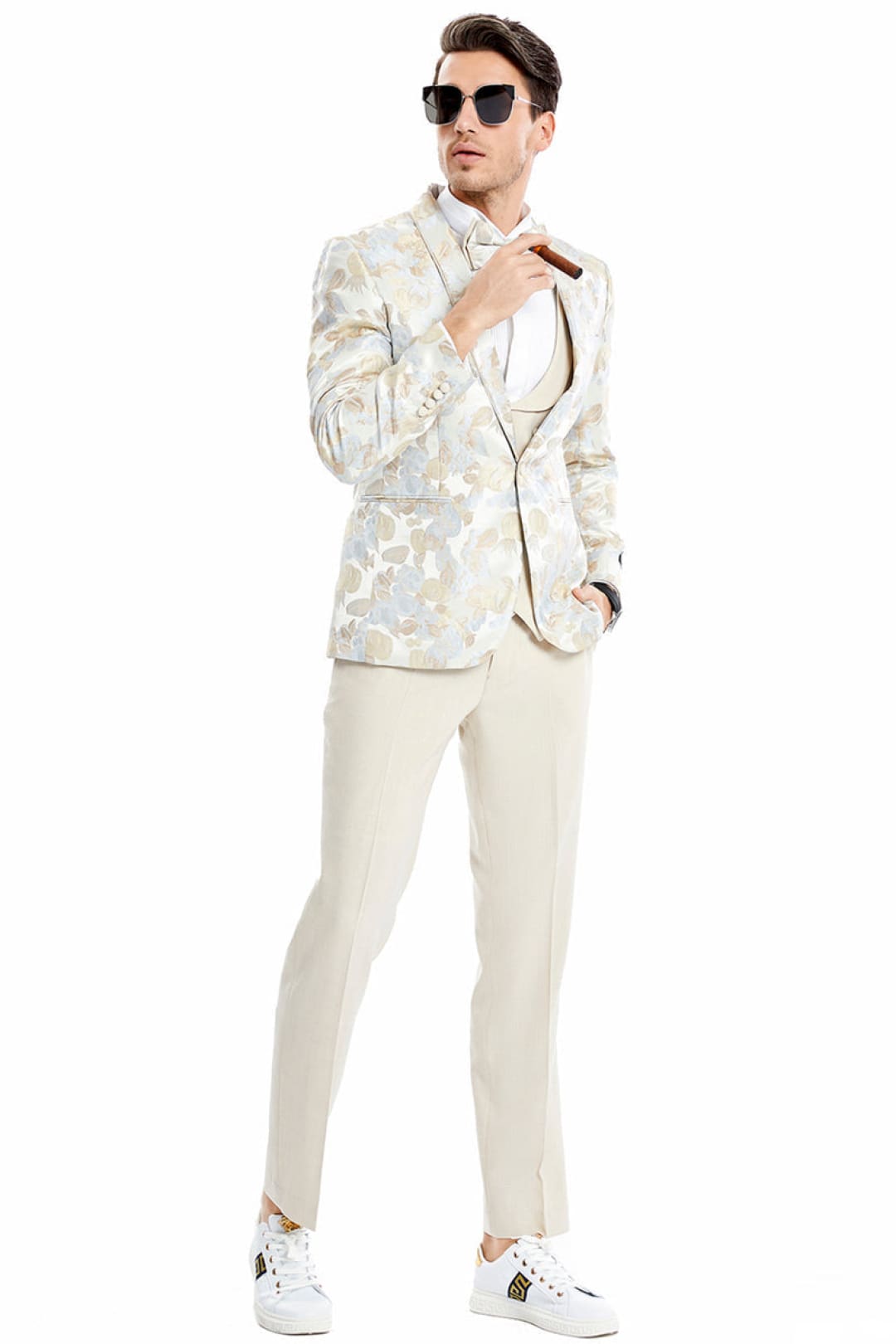 Groomsmen - Men’s One Button Vested Water Color Tulip Floral Print Wedding Dinner Jacket Tuxedo Suit in Tan - Tan / 36 Short - Suit