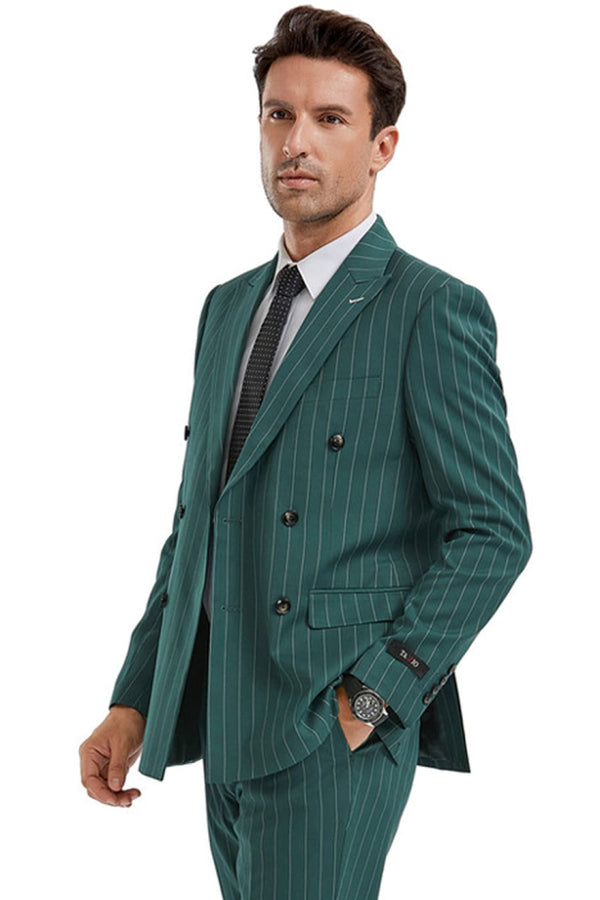 Groomsmen - Men’s Slim Fit Double Breasted Bold Gangster Pinstripe Suit in Hunter Green - Hunter Green / 34 Short - Suit
