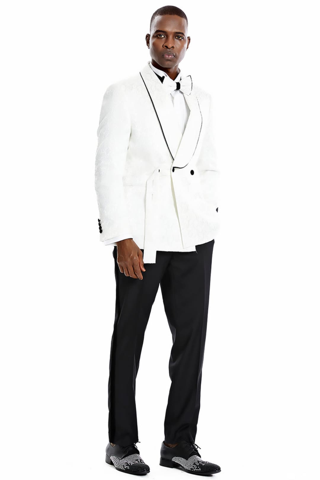 Groomsmen - Men’s Slim Fit Double Breasted Smoking Jacket Prom & Wedding Tuxedo in White Paisley - White/Black / 36 Short - Suit