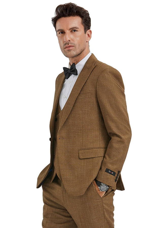 Groomsmen - Men’s Slim Fit One Button Peak Lapel Suit with Double Breasted Vest in Camel Sharkskin - Wheat / 34 Short - Suit