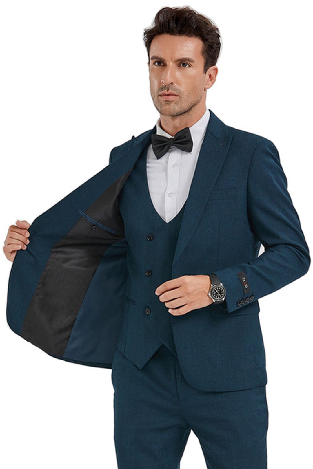 Groomsmen - Men’s Slim Fit One Button Peak Lapel Suit with Double Breasted Vest in Dark Teal Sharkskin - Dark Teal / 34 Short - Suit