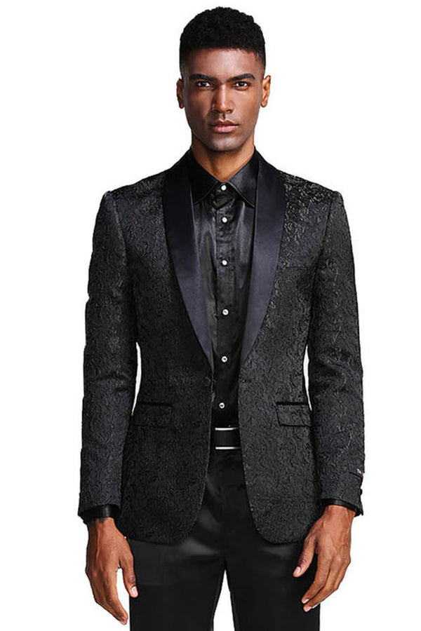 Groomsmen - Men’s Slim Fit Wedding & Prom Tonal Paisley Tuxedo Jacket in Black - Black / X-Small - Blazer