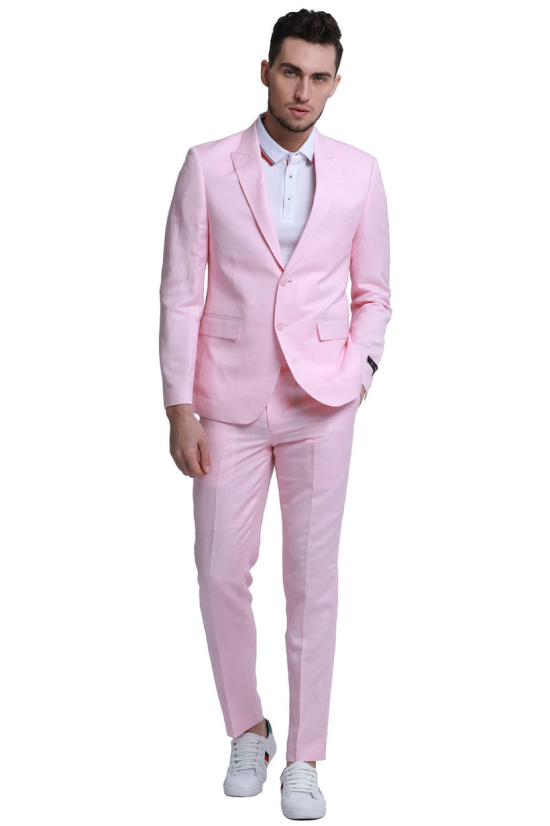 Groomsmen - Men’s Two Button Peak Lapel Summer Linen Style Beach Wedding Suit in Pink - Pink / 36 Short - Suit