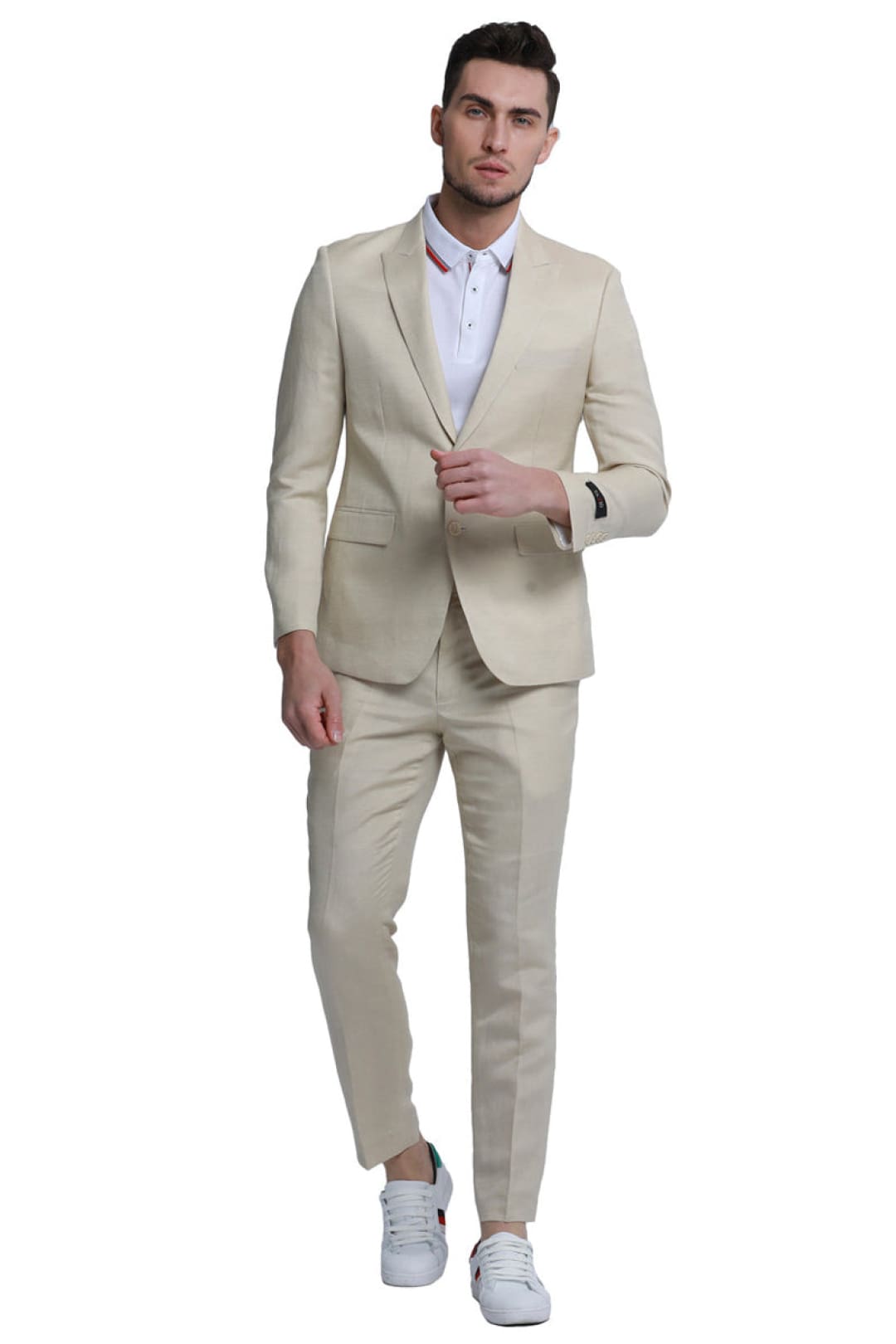 Groomsmen - Men’s Two Button Peak Lapel Summer Linen Style Beach Wedding Suit in Tan - Tan / 36 Short - Suit