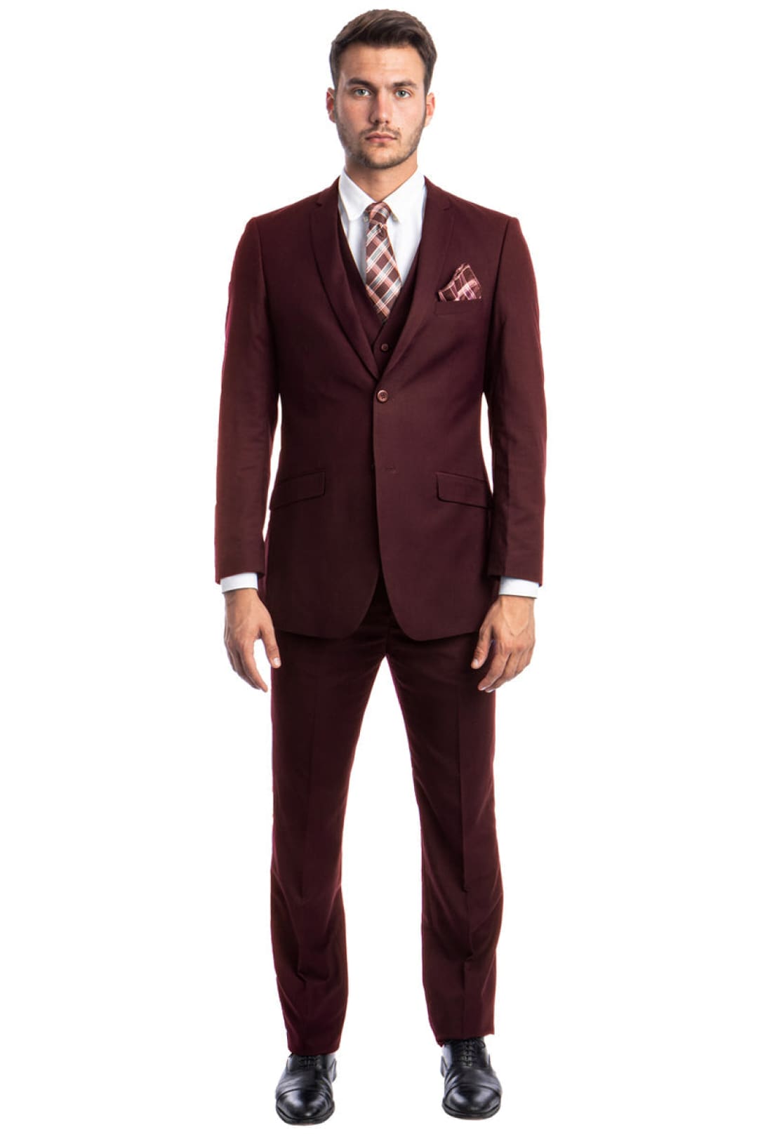 Groomsmen - Men’s Two Button Slim Fit Basic Vested Wedding Suit in Burgundy - Burgundy / 36 Short - Suit