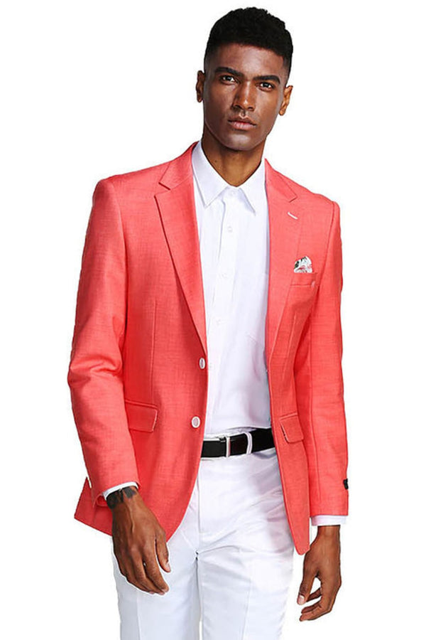 Groomsmen - Men’s Two Button Slim Fit Linen Style Summer Blazer in Salmon Pink - Salmon / X-Small - Blazer